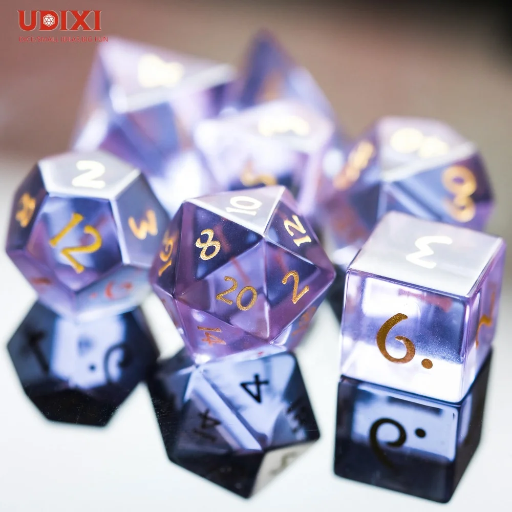 Udixi Purple Glass Gemstone Dice with Black leather Hexagon Box RPG Dice Set