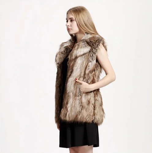 Elegant Women Winter Raccoon Fur Waistcoat Fluffy Hooded Faux Fur Vest