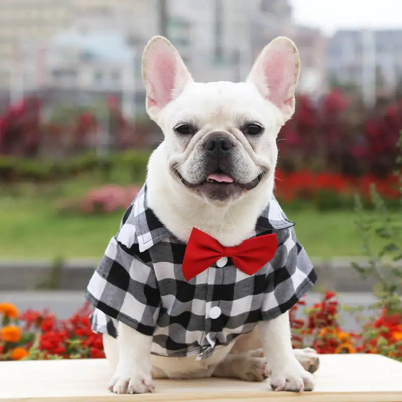 2023 New Arrival Large 5XL Bulldog Rosette Pet Clothing Plaid Dog Shirts Breathable Dog Clothes Drop Ship