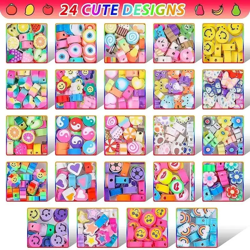 Wholesale 480pcs Fruit Animals Flower Polymer Clay Beads Elastic Crystal Line Jewelry Making Kit DIY Craft Kit For Kids
