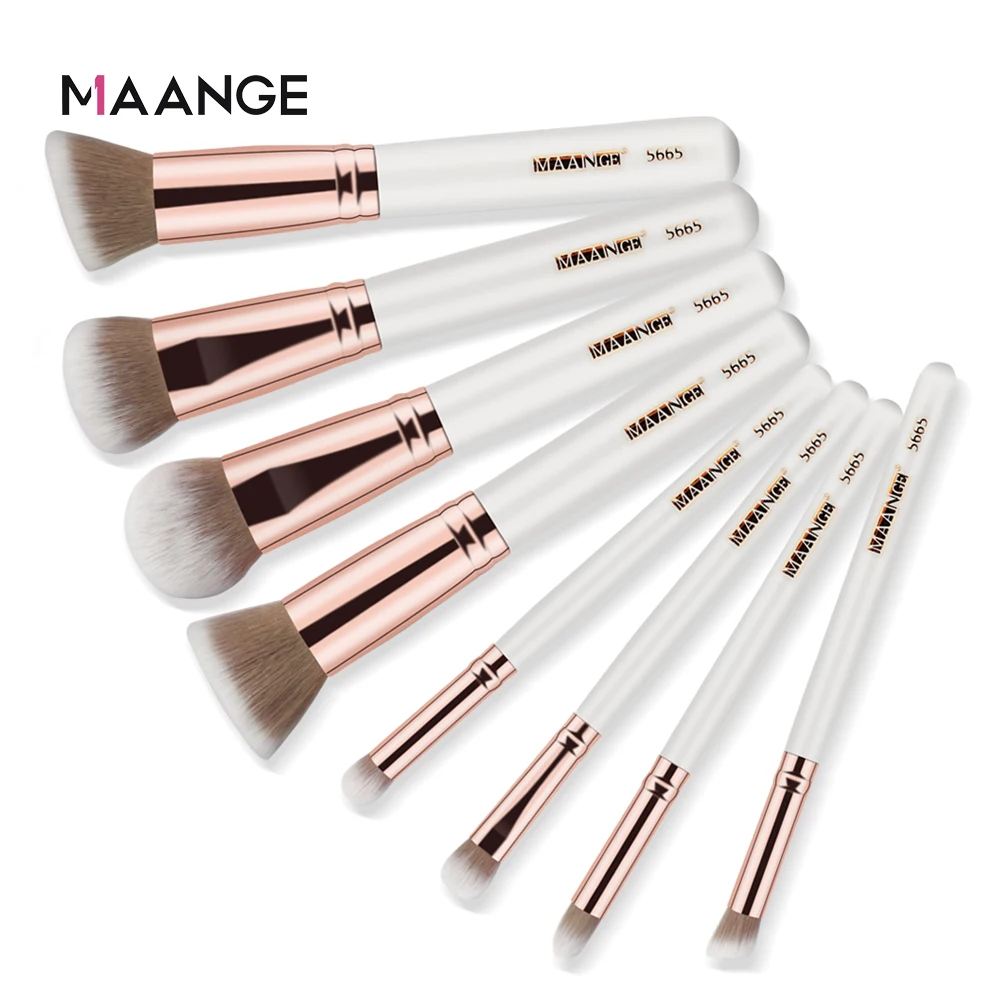 Maange Private Label Wholesale 8 pcs Wood Handle Brow Makeup Foundation Brush Vegan Makeup Brushes