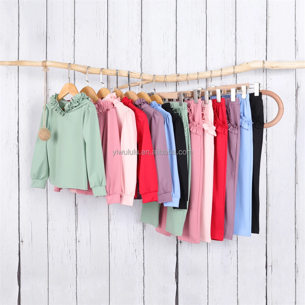 Wholesale Nylon Materials Boys And Girls Yoga Set Sport Style Long Sleeve Hoodie Ruffle Design Top And Pant With Pockets Set