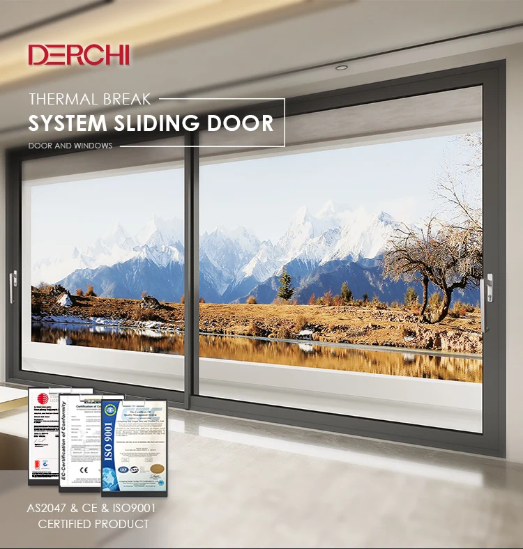 DERCHI AS2047 NFRC Thermal Break Aluminum Hurricane Proof Impact 4 Tracks Large Double Glass Patio Aluminum Sliding Glass Door