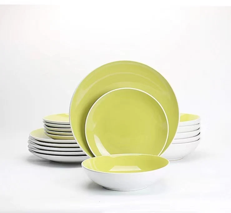 Custom Hotel Melamine Yellow Green Dishes 6 8 10 Inch Round Glossy Dinner Plate Steak Plates for Restaurant