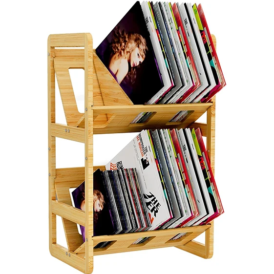 2 Tier Multifunctional Storage Rack Bamboo Record Stand Shelf Vinyl Record Display Rack Organizer for Book