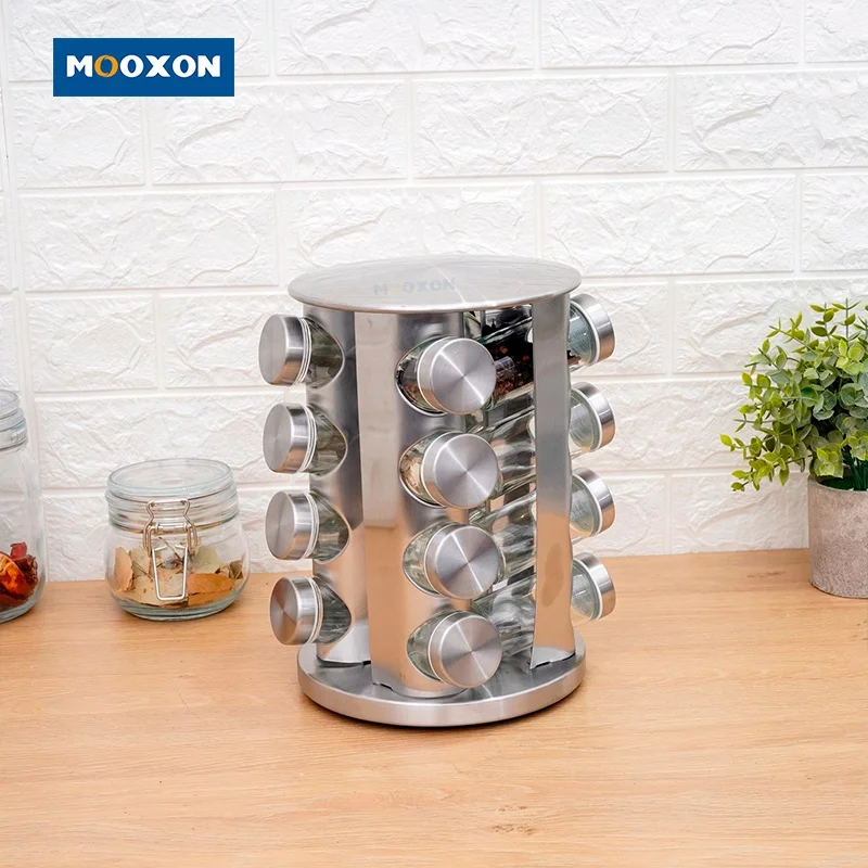 2022 Amazon Round Metal Organizer Kitchen Revolving Rotatable Rotating Seasoning Storage Spice Holder Racks With 20 Glass Jars