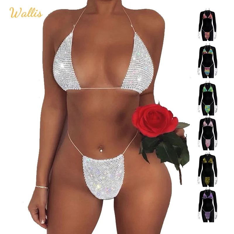 Shiny Rhinestones Beach Swimsuit Woman Bathing Suit Triangle Bra Swimwear Swimming Suit Brazilian Micro Mini Halter Bikini