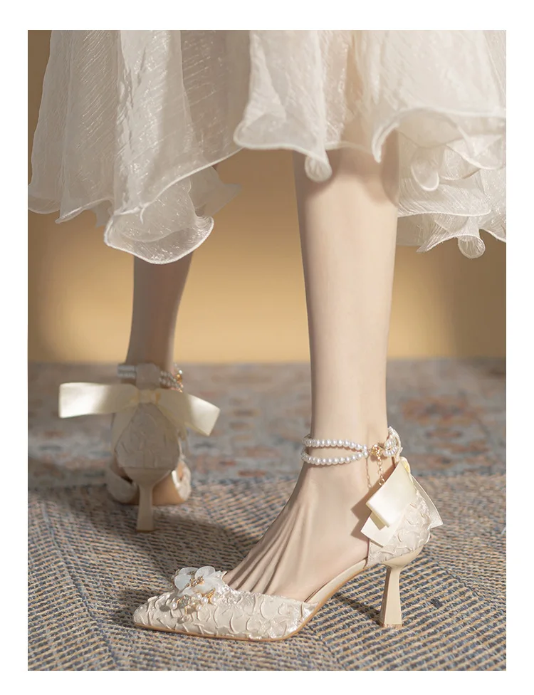 High Heel Wedding Shoes for Women High Quality Handmade Sandals Pearl Bowknot Bridal Shoes Hollow Out Bridesmaid Shoes