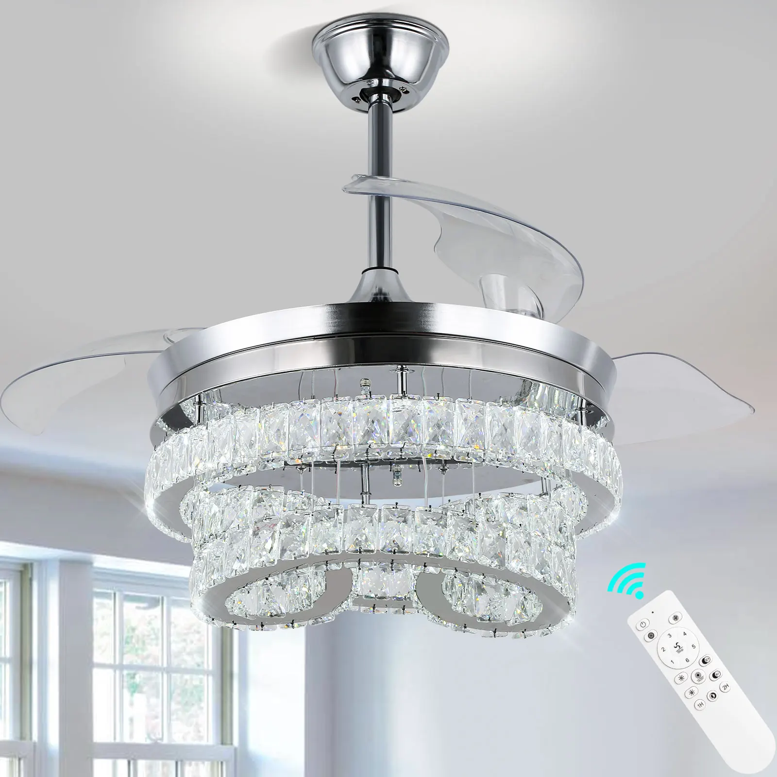 42-Inch Modern Smart LED Ceiling Fan with Transparent Blade Dimmable Light and Remote Control with Memory Function for Home Use