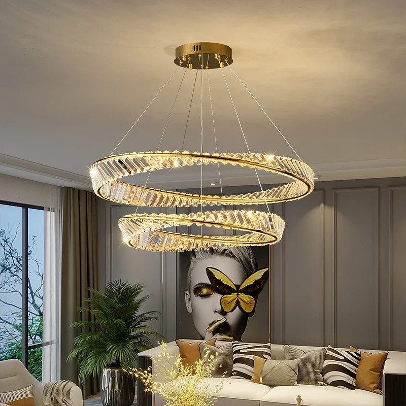 ZG Nordic Style 2 Rings Large Crystal Led Chandelier Luxury Crystal Hanging Light Living Room Pendant Lamp Circle Pendant Light