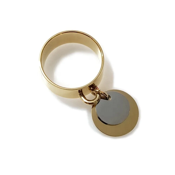 Shine Polished Ring 18K Gold Plated Two Tone Fashion Band Ring Stainless Steel Jewelry With Medallion