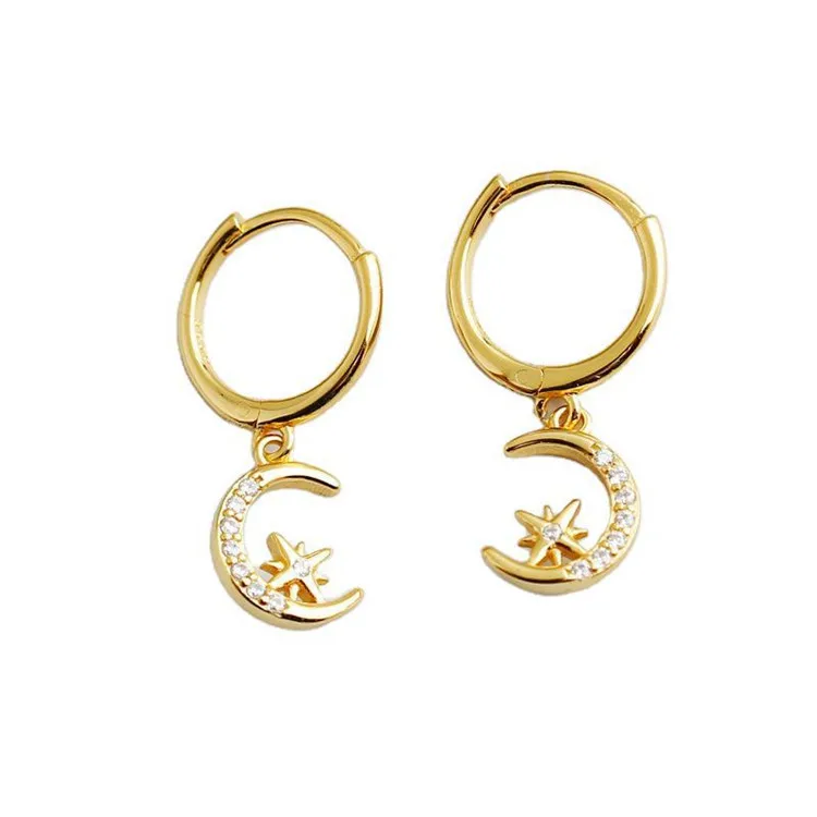 SP S925 Sterling Silver Moon and Star Earrings Trendy S925 Trendy Drop Moon and Star Earrings