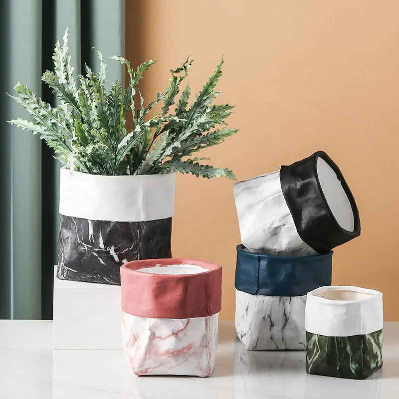 Cheap Indoor Flower Pots And Planters Simulation Kraft Paper Bag Design With Drainage Ceramic Flowerpot For Garden