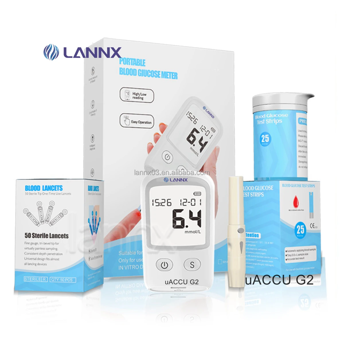 LANNX uACCU G2 Hot sale Diabetes Glucometro Meter Digital Blood Glucose Meter With Test Strips Blood Glucose Monitoring Meter