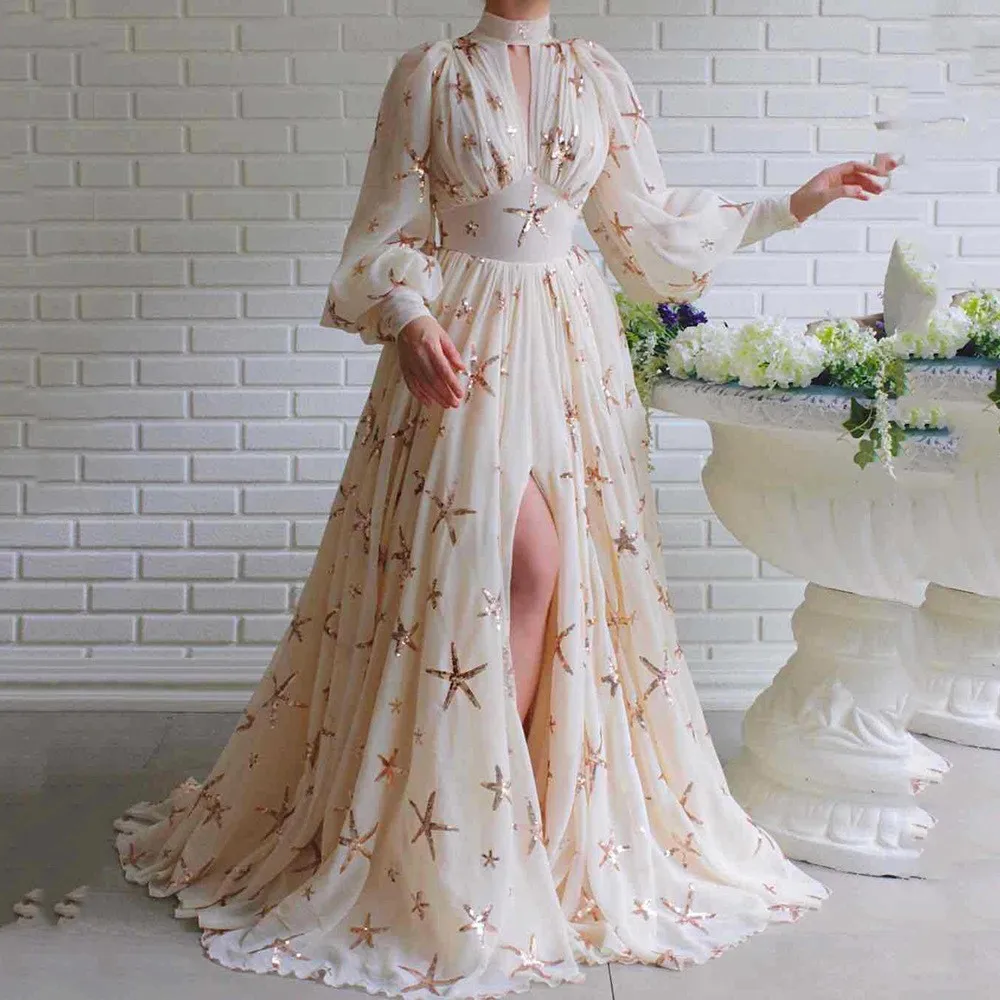 New Multi-Color Large Stock Half-High Collar Sequin Slit Lantern Sleeves Full Dress Chiffon Dress