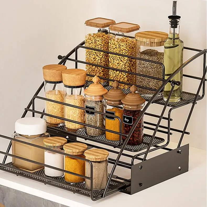 Metal Pull Down Spice Rack Retractable Large Capacity Kitchen Storage Shelf Organizer for Cabinet