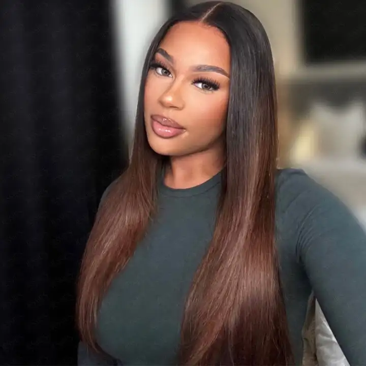 Pre Cut Lace Ombre Chocolate Brown Hair Straight 13x4 Lace Front Wig Glueless Human Hair Wig