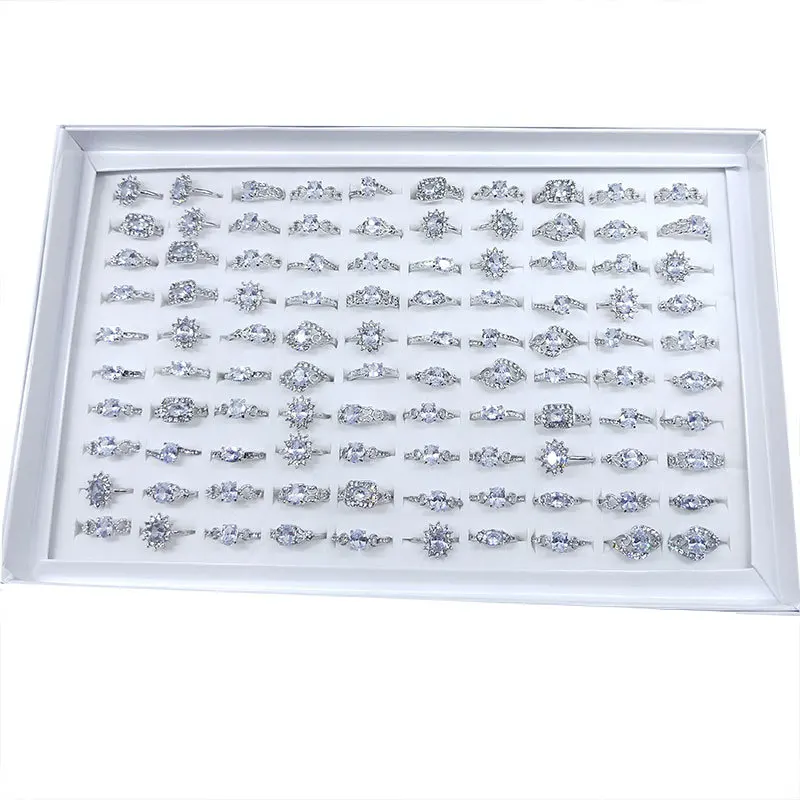 2024 Factory Price Cheap Faceted Zircon Crystal Glass Rings Mixed Styles Ring Women Silver Color Alloy Rings Jewelry Gift