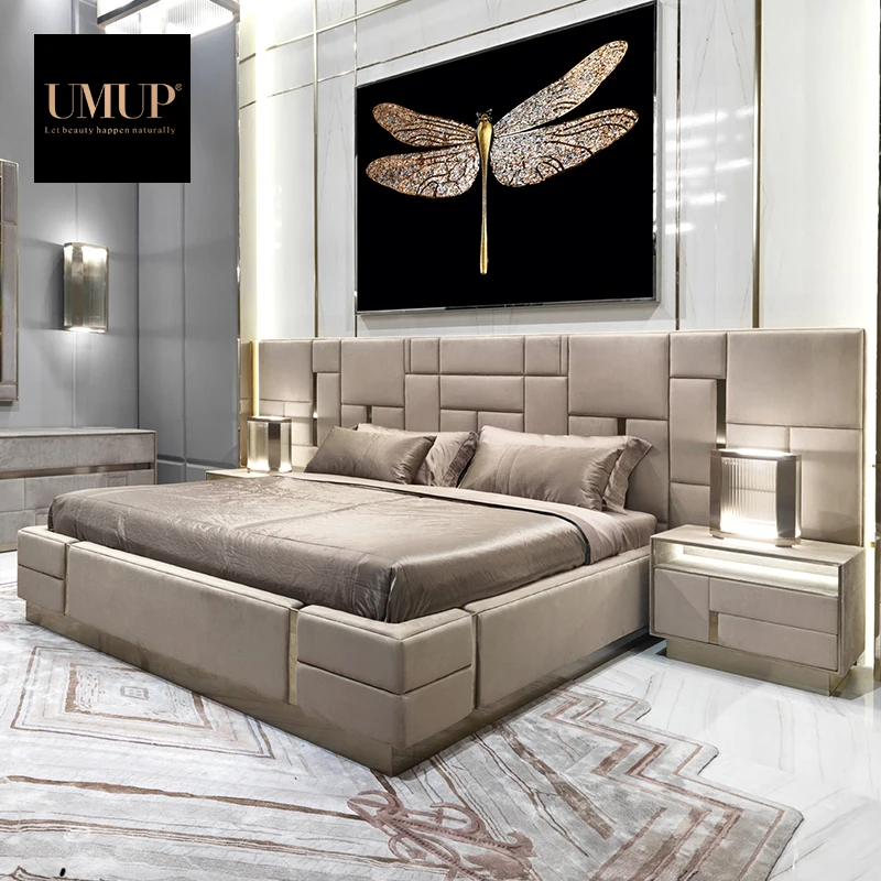 Modern excellent design popular bedroom furniture big size headboard leather & fabric king & queen sizes double bed