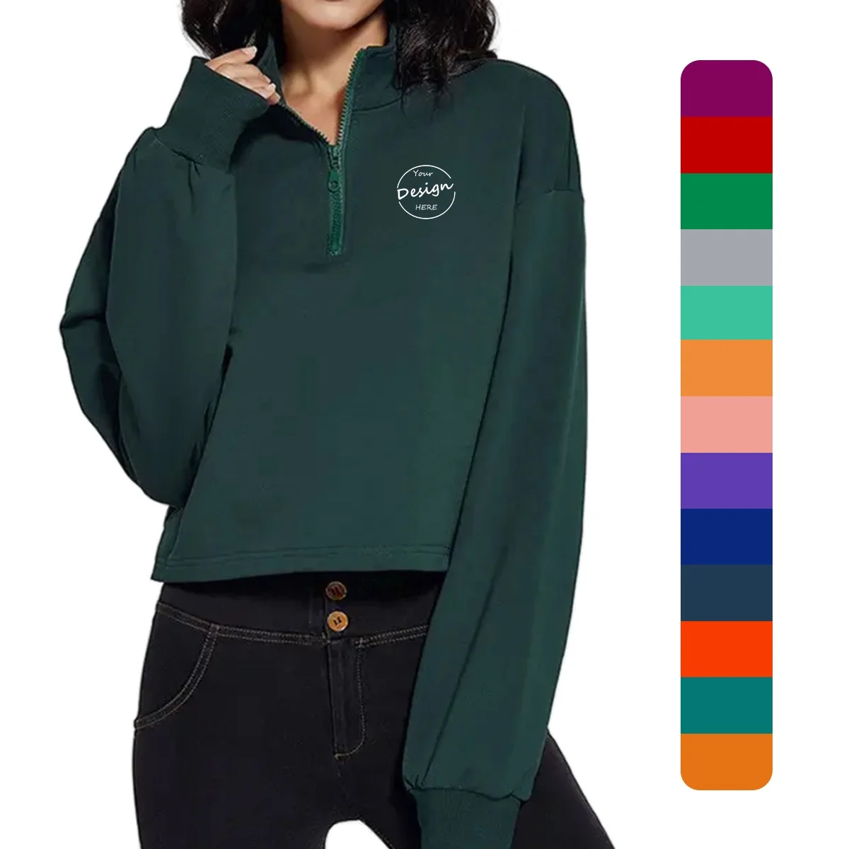 Quarter Zip Long Sleeve Solid Colour Sport Pullover Hoodies Women Organic Cotton Korean Style Sweatshirt