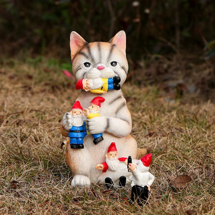 Modern garden sculpture Cats eat gnome folk crafts animal gnome resin cat statue