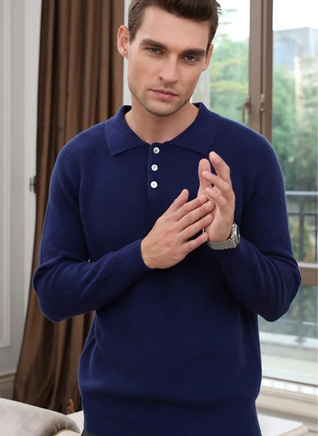 Fashion style polo neck button classic business men sweater wholesale price cashmere jumper men