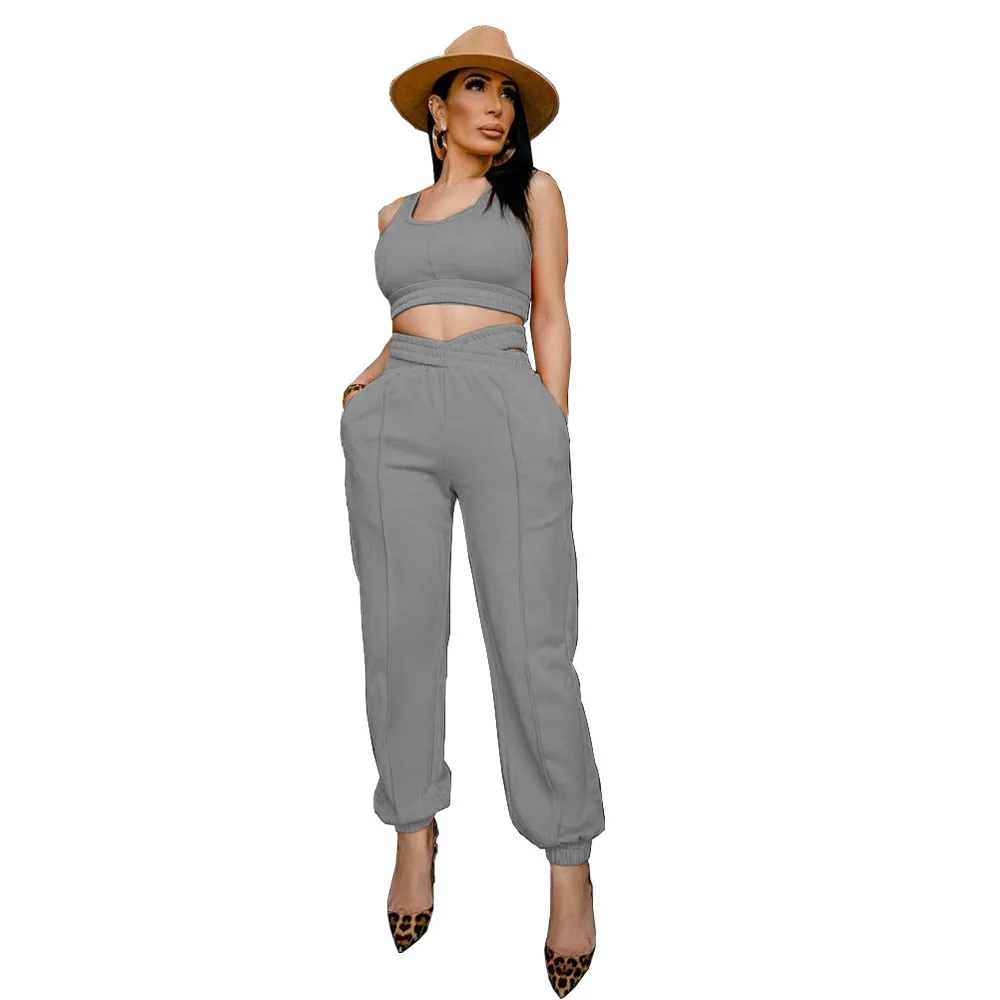  custom logo sexy tank top high waist trousers 2 piece casual suits womens two pants set for