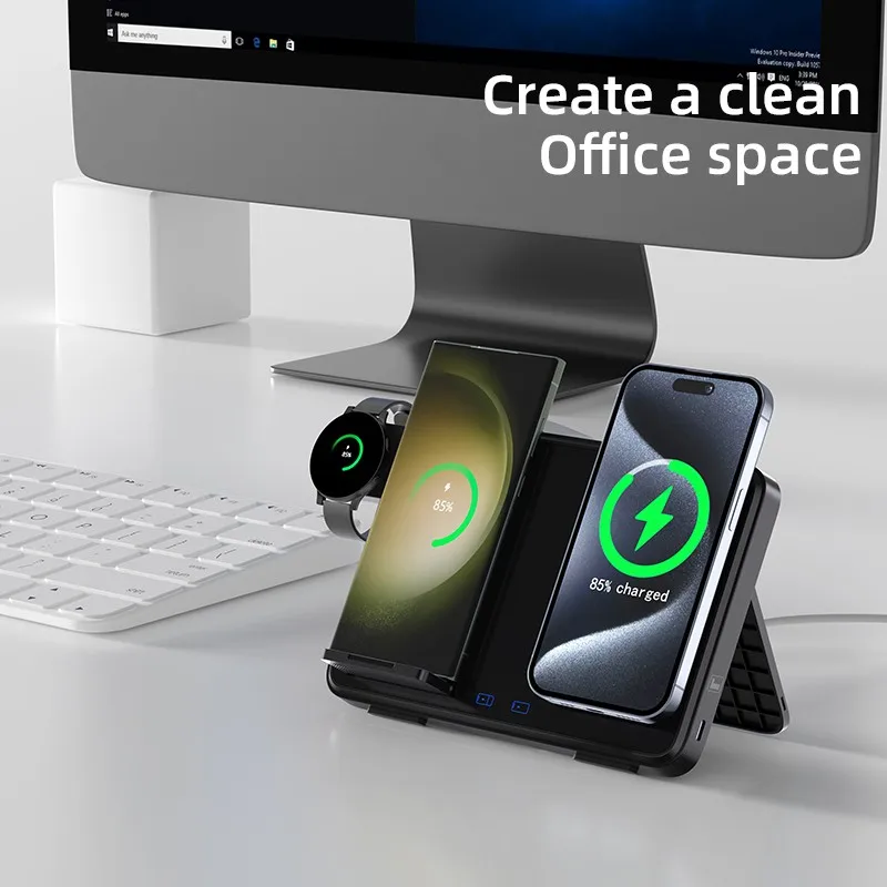 Best Selling 15W Night Lamp Multifunctional Watch Station Custom Mobile Phone Stand 4 in 1 Folding Wireless Charger Bracket Logo