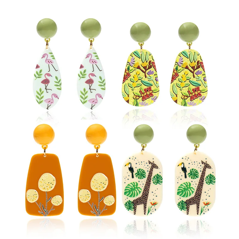 Acrylic Embossed Three-dimensional Printing Pop Element Pattern Flamingo Giraffe Green Leaf Pattern Earrings Women