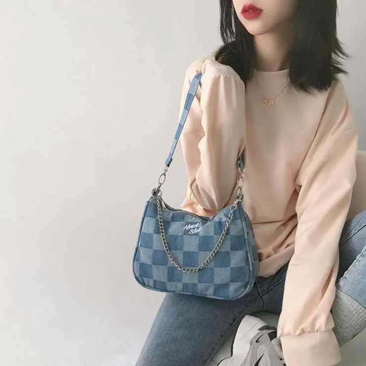 Denim Blue Checkerboard Chain Armpit Bag Japan And South Korea Chic Casual Canvas Bag