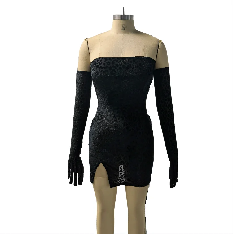 Wholesale Split Sexy Strapless Long Sleeve Cover Fingers Dress Black Mesh Leopard Printed Women Party Mini Club Wear Dress