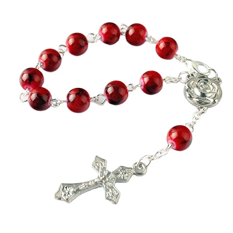 Kingme Fashion Catholic Jewelry 8 mm Glass Beads Cross Rosary Bracelet with Rose Center Piece & Mini Crucifix