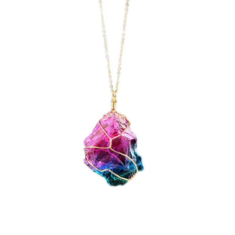 Multicolor natural crystal transparent rough stone winding pendant necklace colorful natural stone clavicle necklace