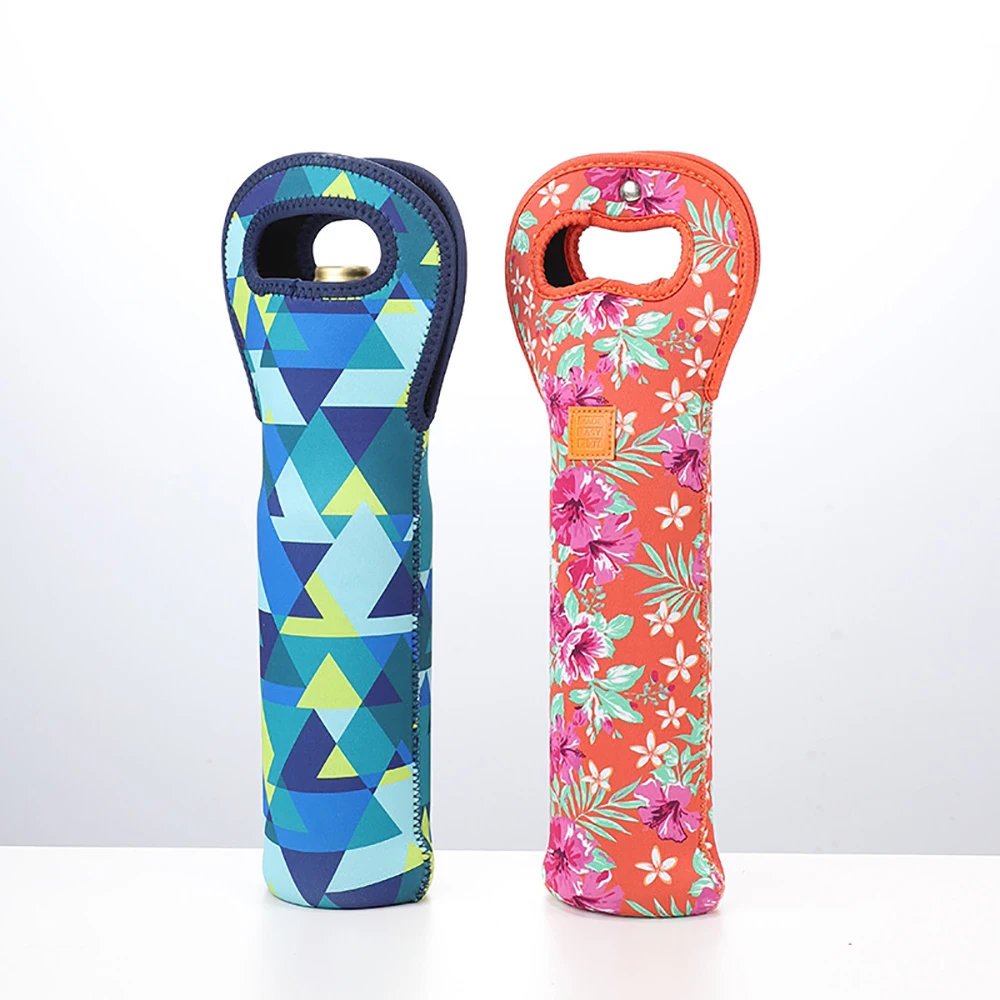 Customized Sublimation Portable Wine Tote Holders Wine Bag Carriers Insulated Neoprene Wine Bottle Holder Cooler