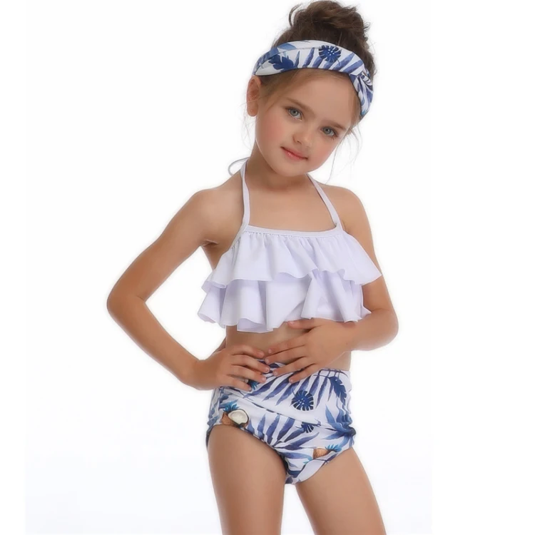 
Custom cute two piece halter ruffled high waist children swimwear girl bikini for kids 
