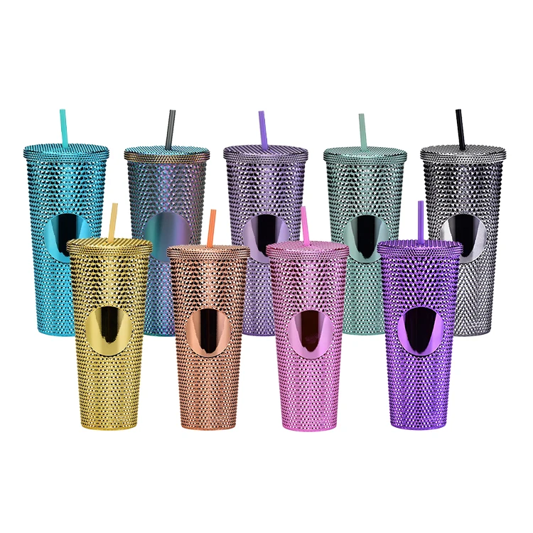Custom 24oz Double Wall Plastic Mug Acrylic Reusable Cold Pineapple Cup Matte Studded Tumbler With Lids and Straws