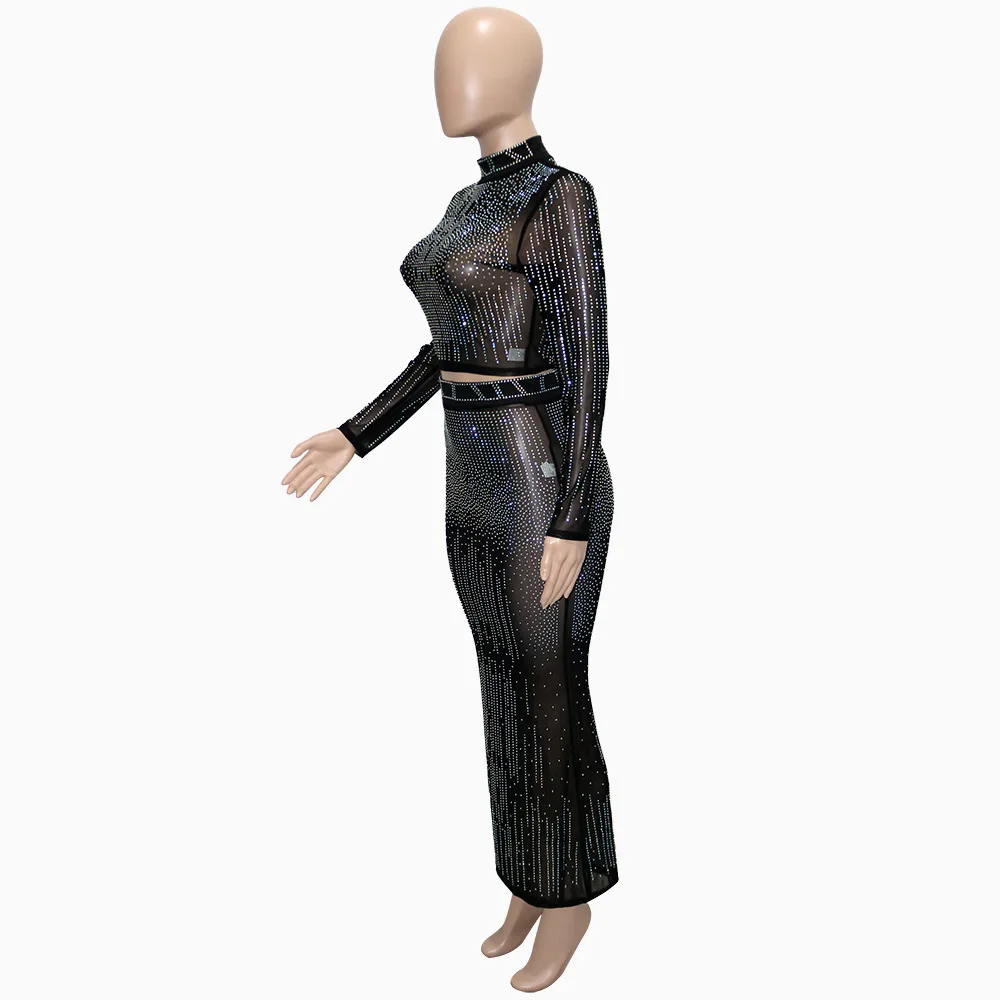 S61101 hot selling fashion sexy top and skirt rhinestone long sleeve evening women two piece set clothing