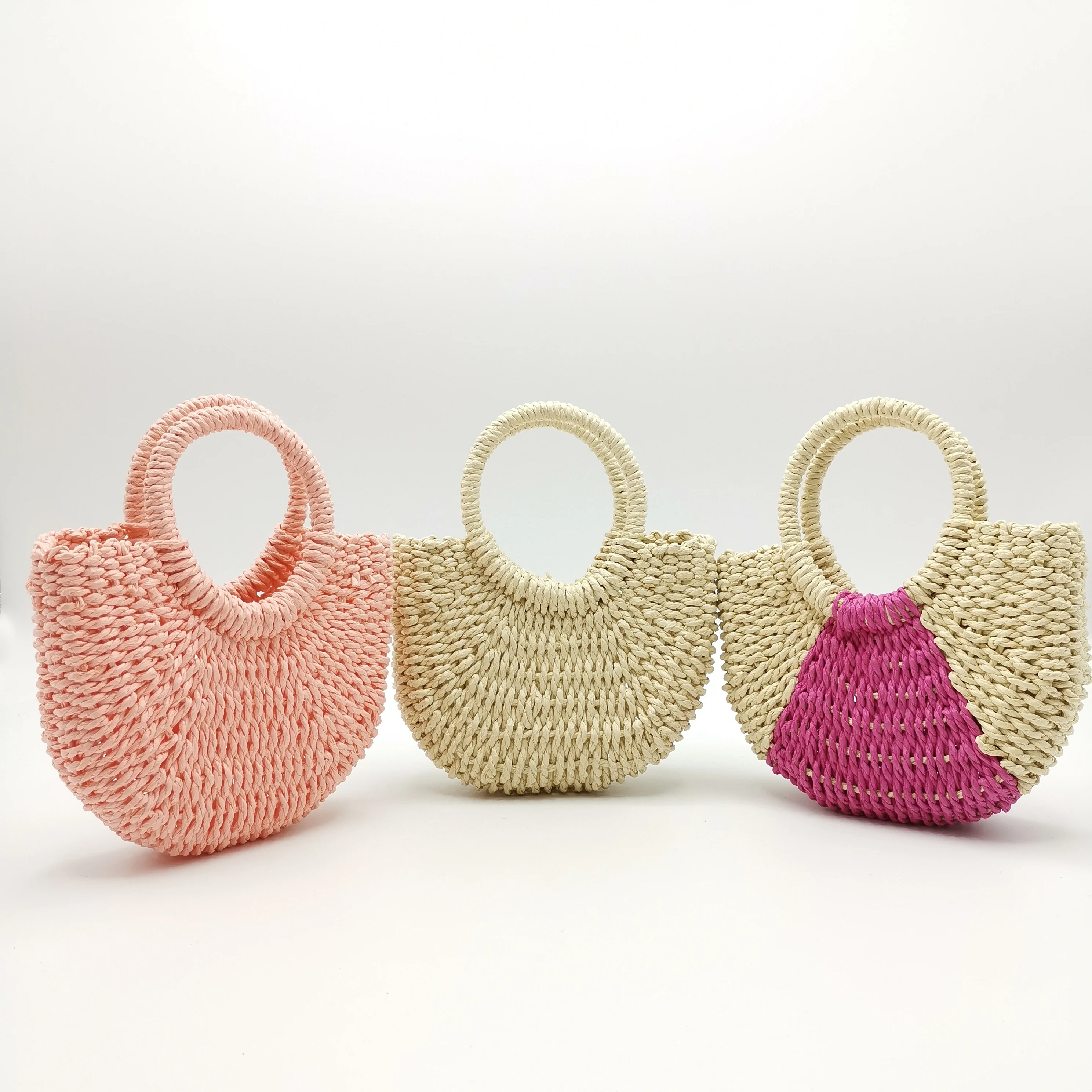 Pink Mini Straw Tote Bag Summer Beach Shoulder Bag Handmade Straw Woven Handbag for Kids