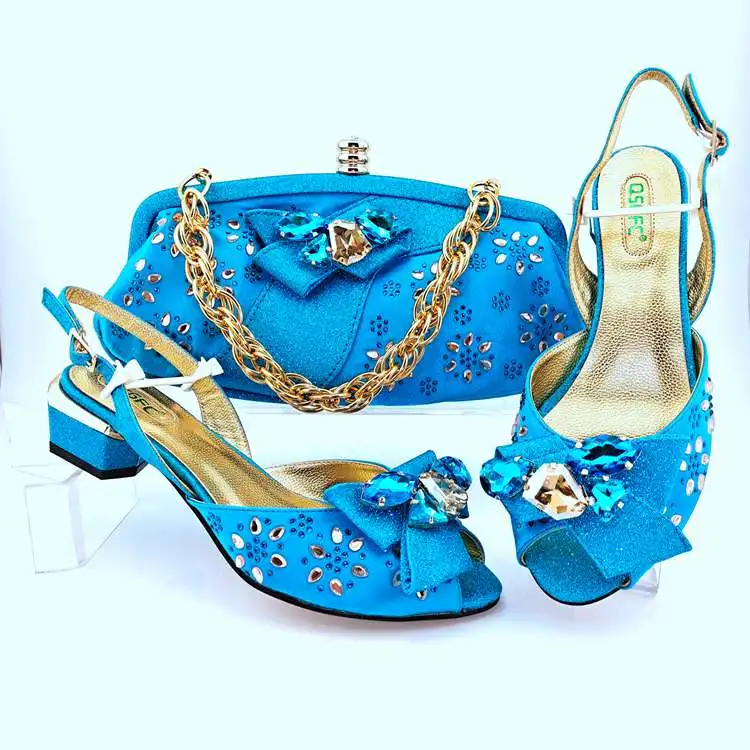 AB8644 Nigeria Gold Latest Low Heeled Shoes Italian and Bags Set for Weeding Party