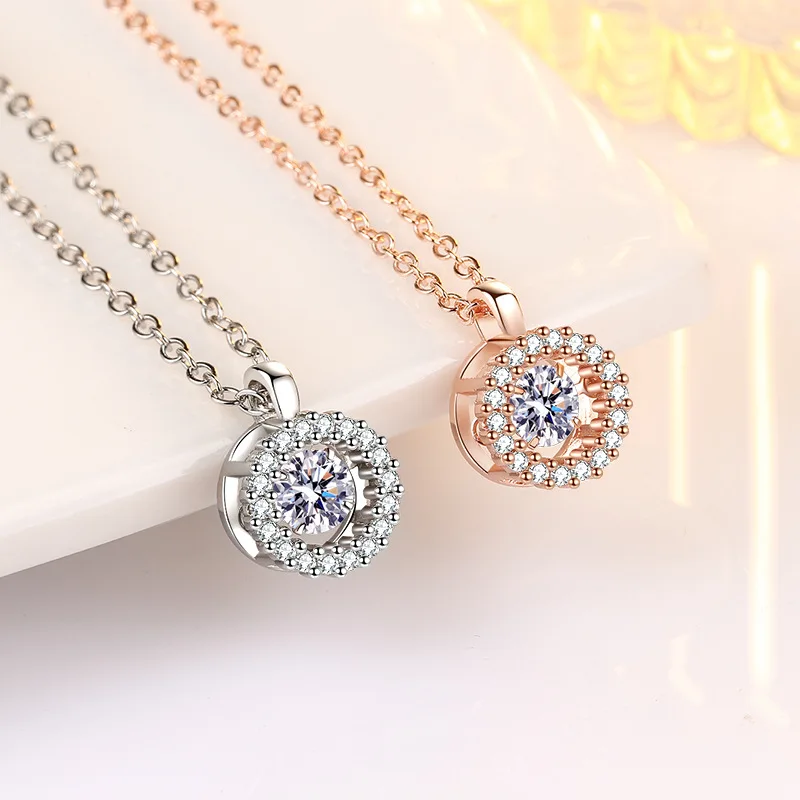 Sterling Silver 925 Jewellery Gold Plated Wholesale Dancing Cubic Zirconia Diamond Stone Round Circle Pendant Necklace For Women