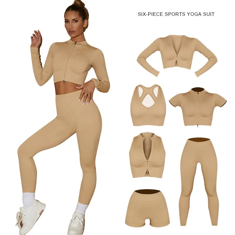 New Seamless Gym Clothing Outfits Zip Up Crop Top 6 Piece Athletic workout Sets Women Fitness Rib Yoga Wear Short Activewear Set