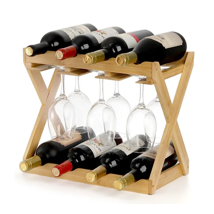 Pantry Organization Elegant Countertop Top Wine Display Bamboo Wine Holder 8 Bottles Wine Storage Rack With Stemware Hanging