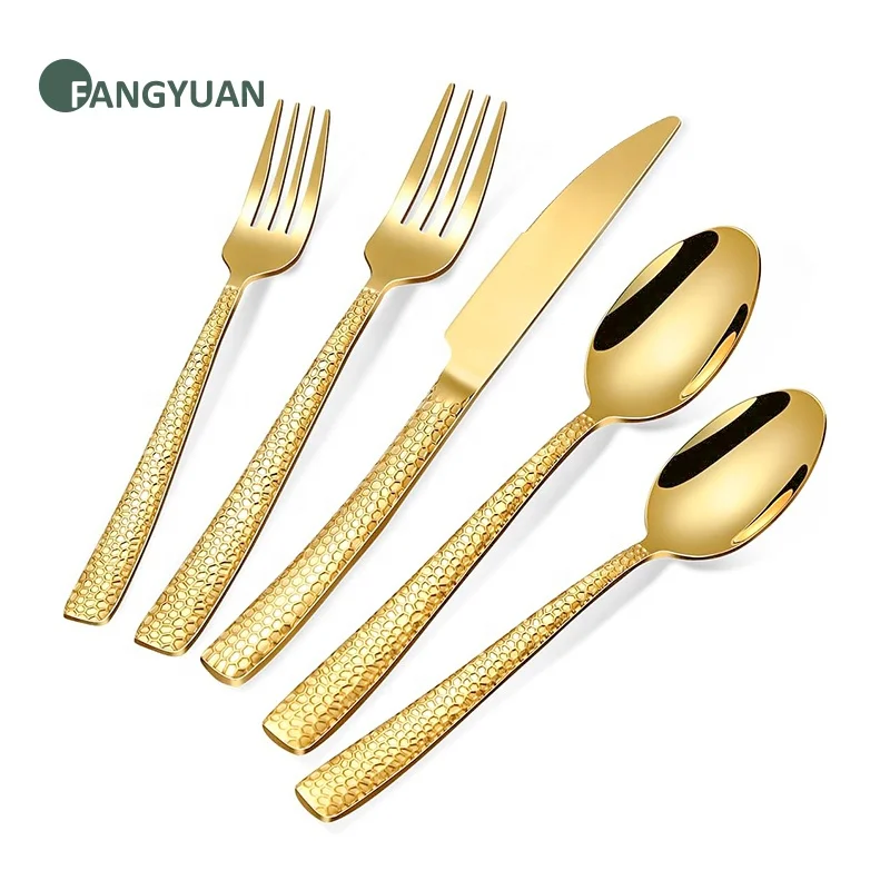 Luxury heavy hammered golden stainless steel 304 flatware in bulk cuttlery for wed rental
