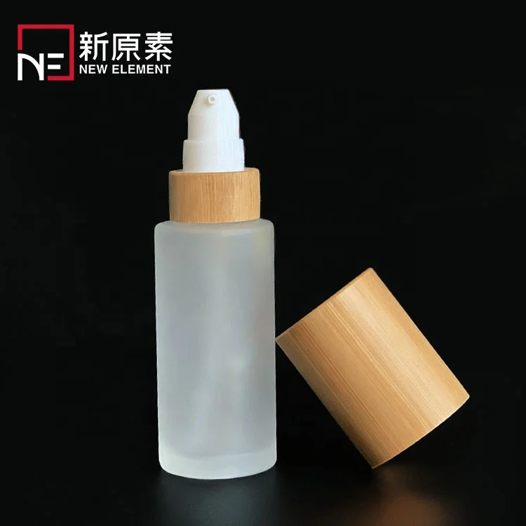 cylinder 30ml 50ml 60ml 80ml 100ml 120ml frosted perfume cream lotion serum glass lotion pump bottle with bamboo lid