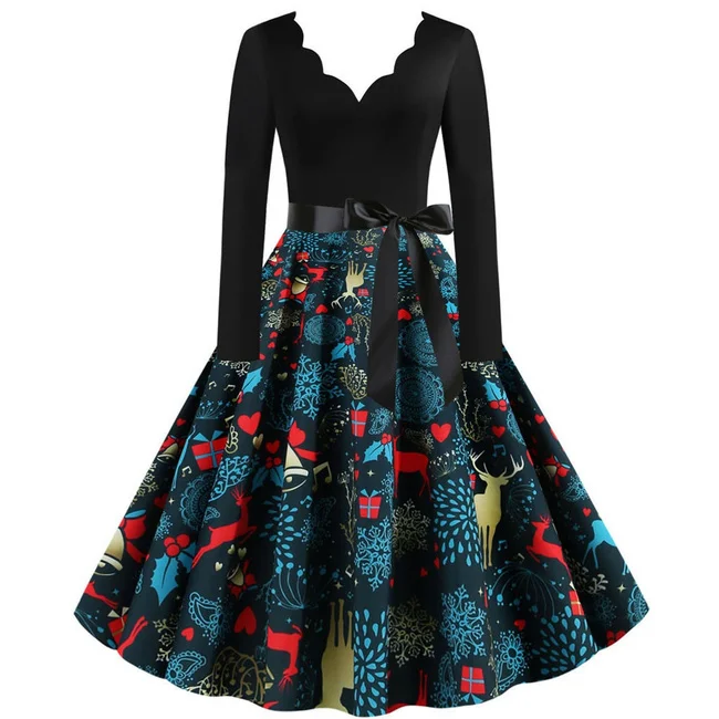 Women Christmas Cosplay Costumes Vintage Holiday Party Elk Snowflake Print Dress New Year 2025