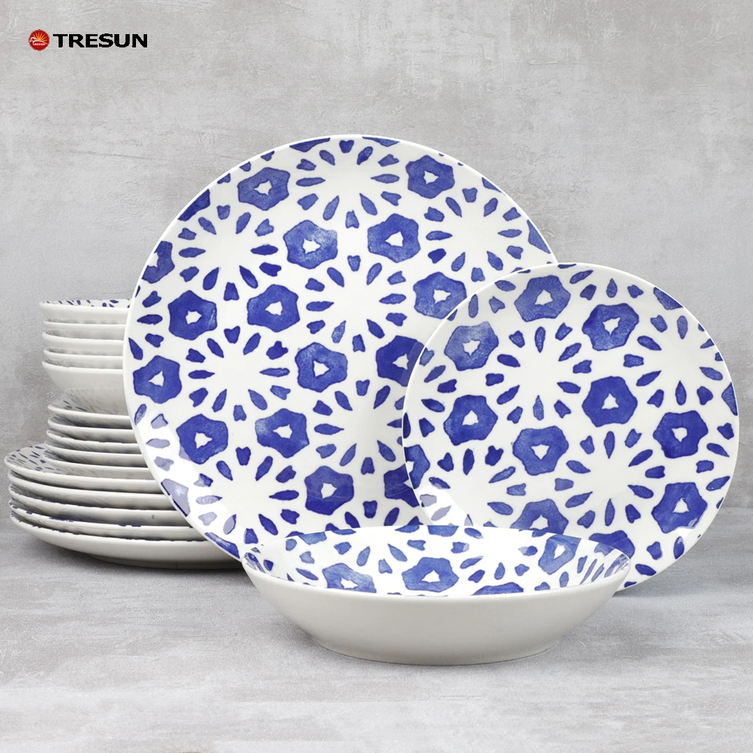 kitchen complete 18 pieces color box packing blue pad printing full design porcelain tableware ceramic dinnerware set for home