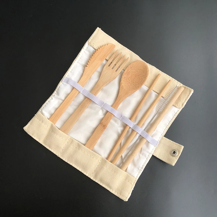 Bamboo Straw Toothbrush Spoon Fork Knife Travel Travel Utensils Wooden Disposable Bamboo Cutlery Set with Cotton Pouch