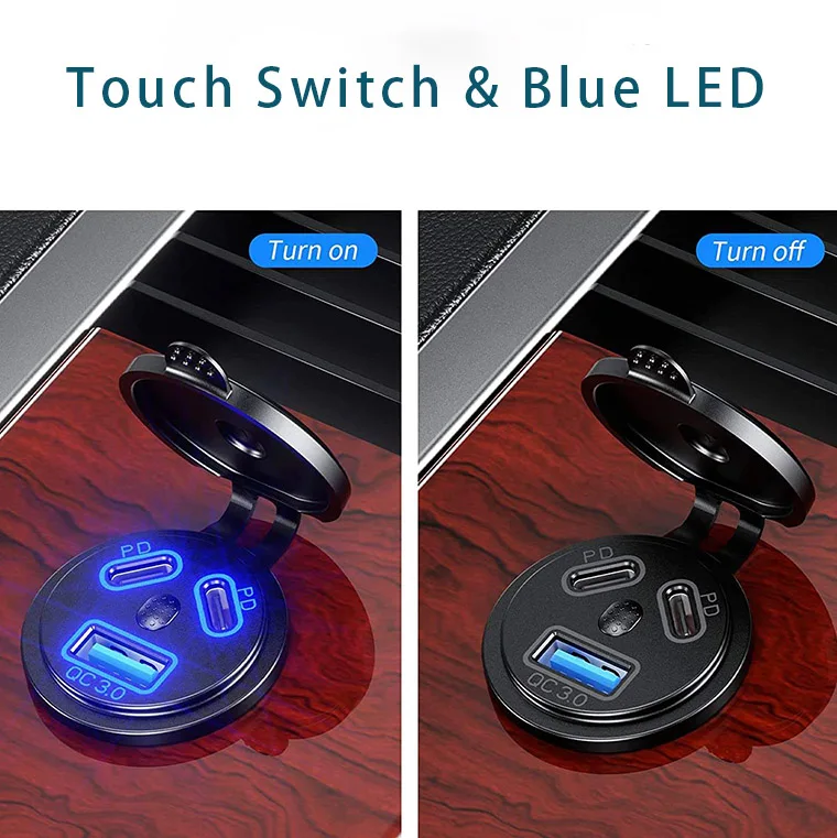 3 Ports On Off Button Switch Car Charger Socket Dual Type USB C Port QC 3.0 USB Car Charger For CAR