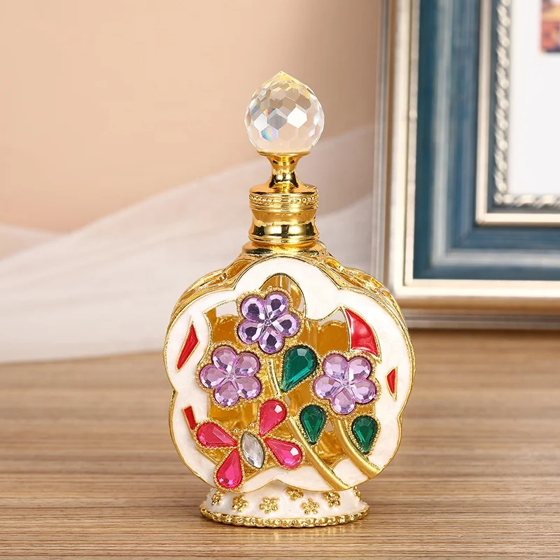 12ml Patented Plum Blossom Flower Jewelry Stones Metal Perfume Bottle Glass Essential 0il Bottle Refillable Attar Bottles#12101