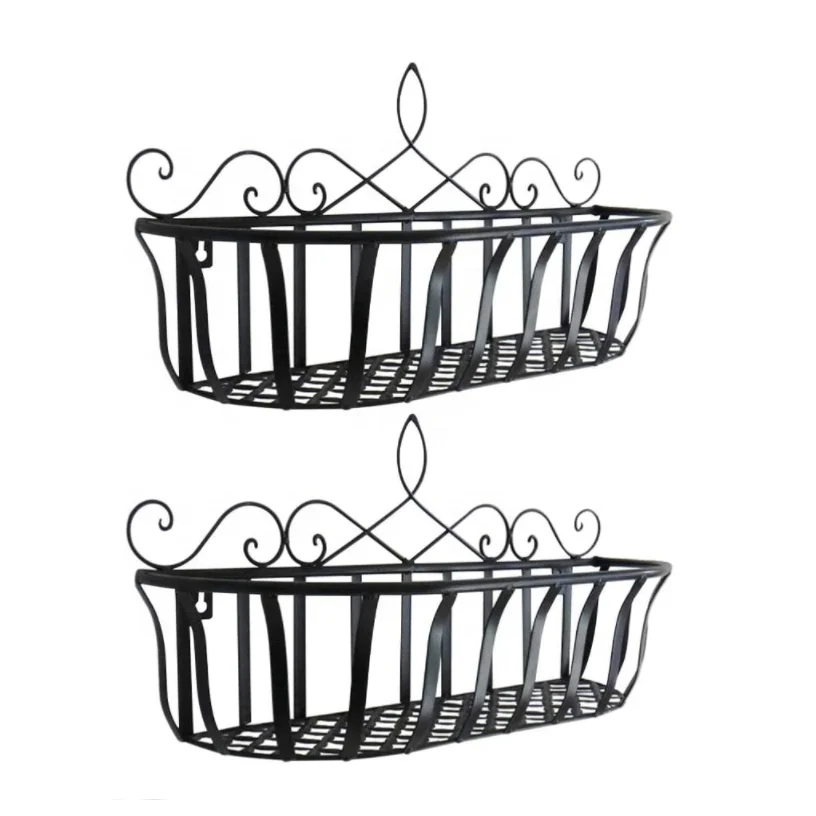 2 PCS Wrought Iron Hanging Shelf Basket Balcony Flower Pot Holder Decorative Railing Shelf Stand Planters Rack for Patio Porch